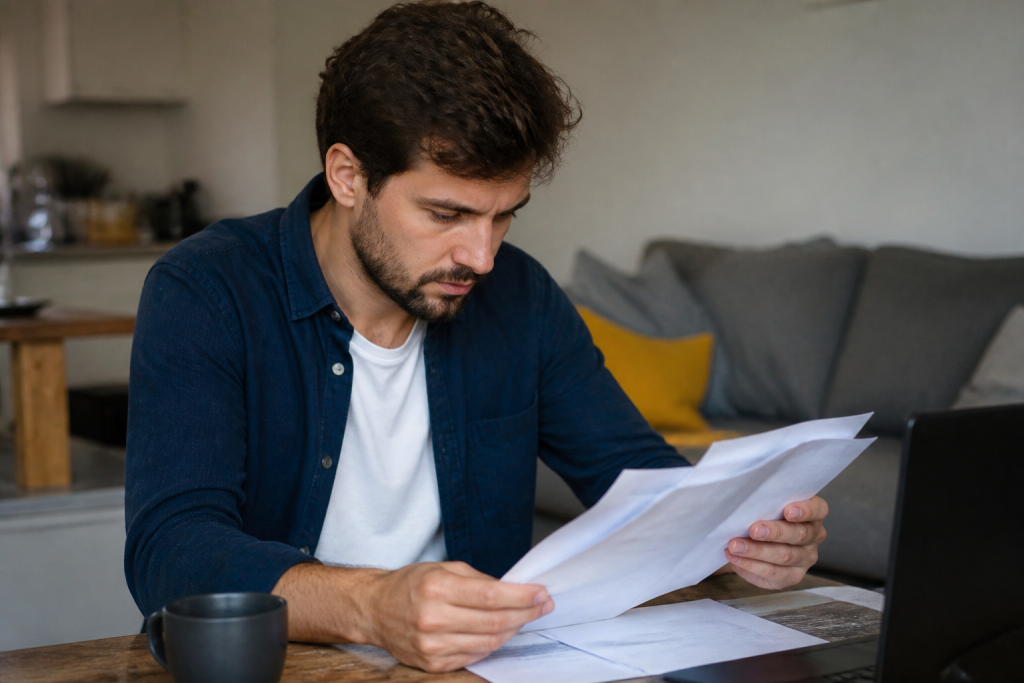Homme consulte documents pret assurance papiers