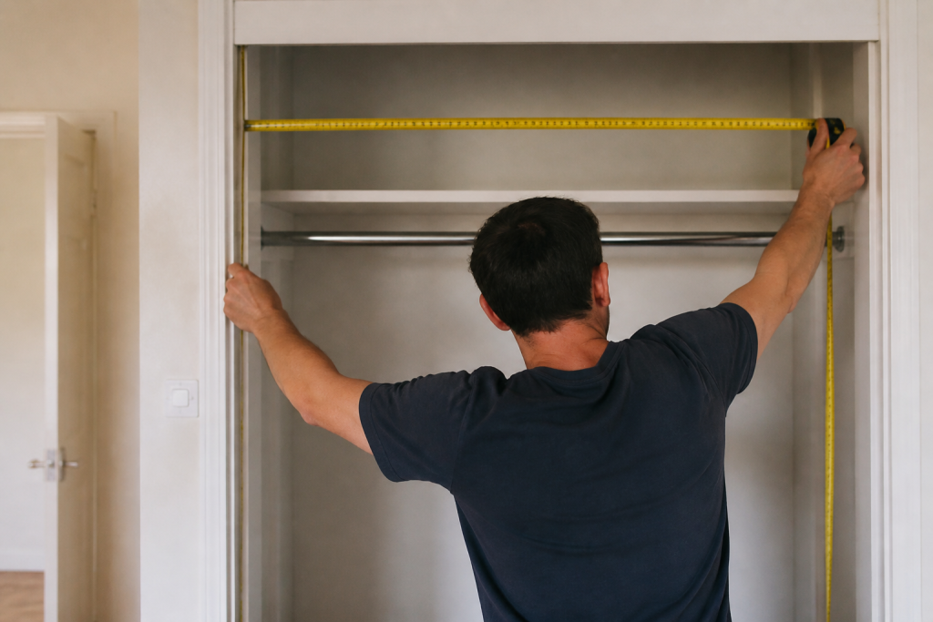 Metre ruban mesurant largeur et hauteur placard