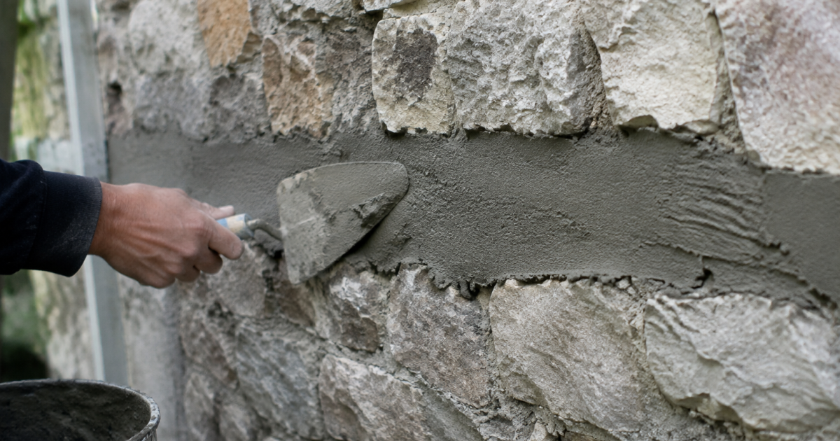 Mortier etale horizontalement sur mur en pierre