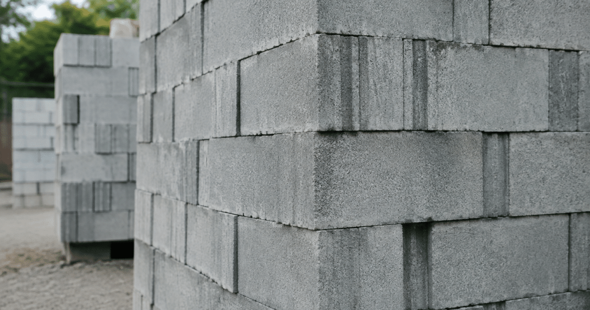 Rangees de blocs gris empiles formant structure murale verticale