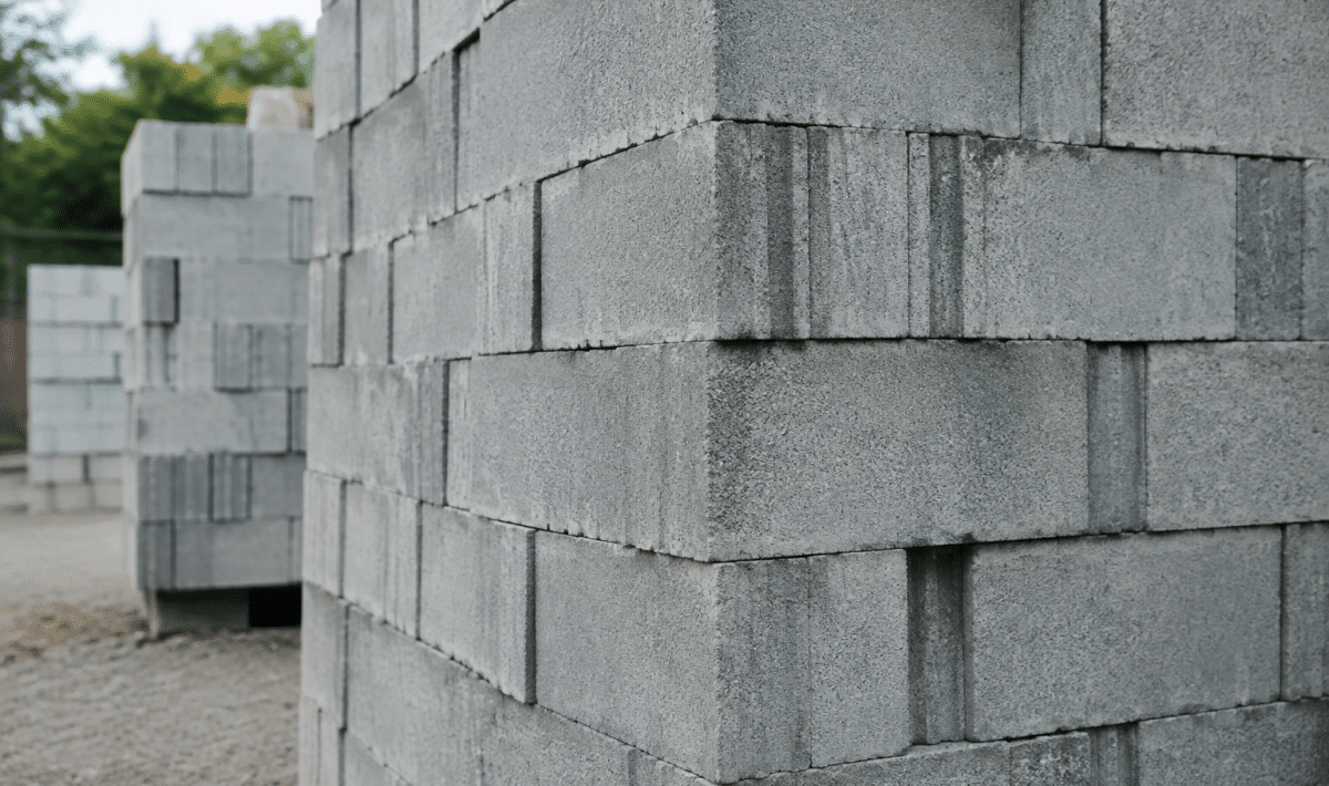 Rangees de blocs gris empiles formant structure murale verticale