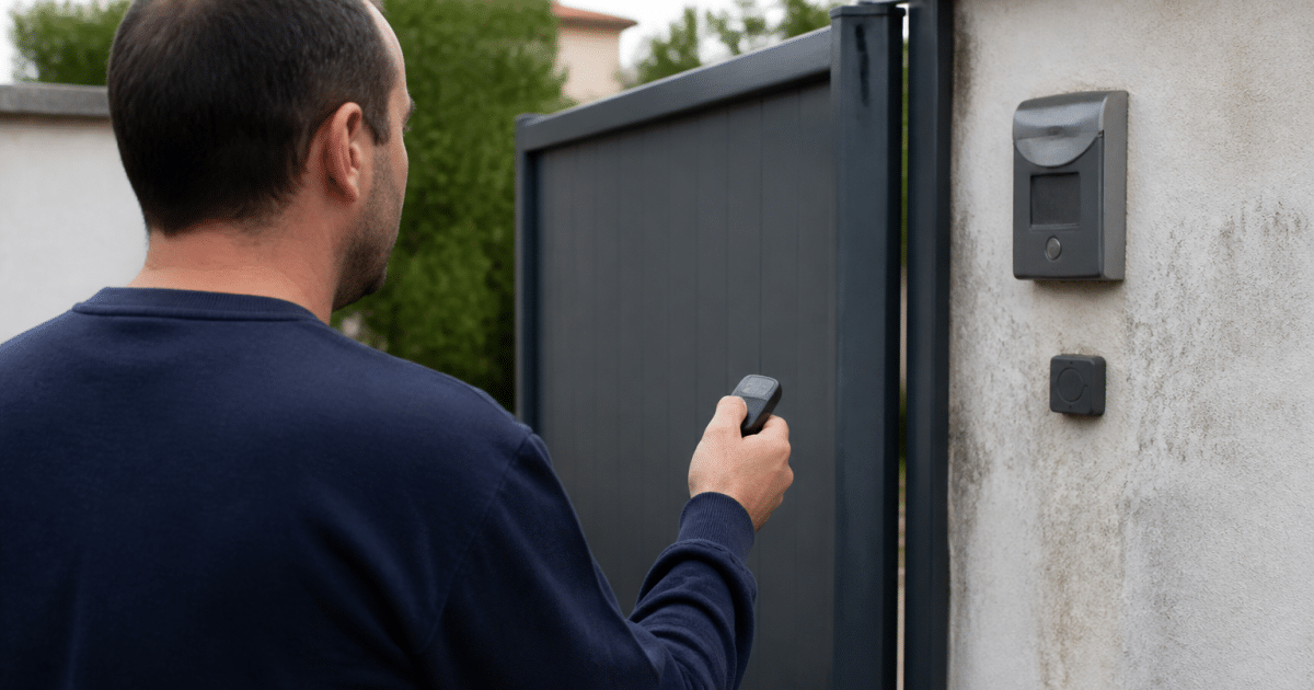 Personne tenant telecommande portail face a panneau controle