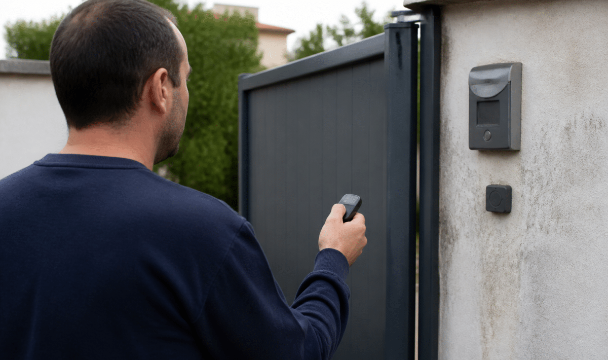 Personne tenant telecommande portail face a panneau controle