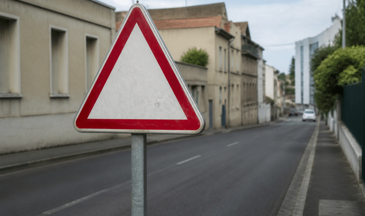 Panneau routier rouge indiquant zone dangereuse sur rue urbaine