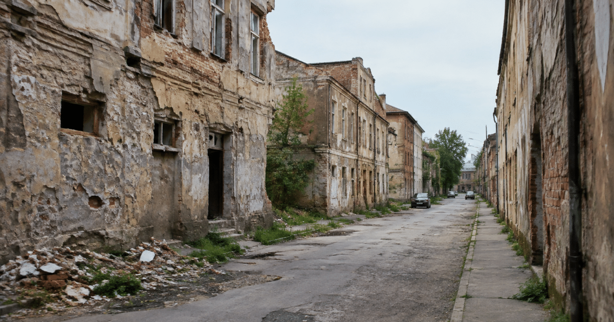 Rue urbaine delabree avec immeubles deteriores et facades endommagees