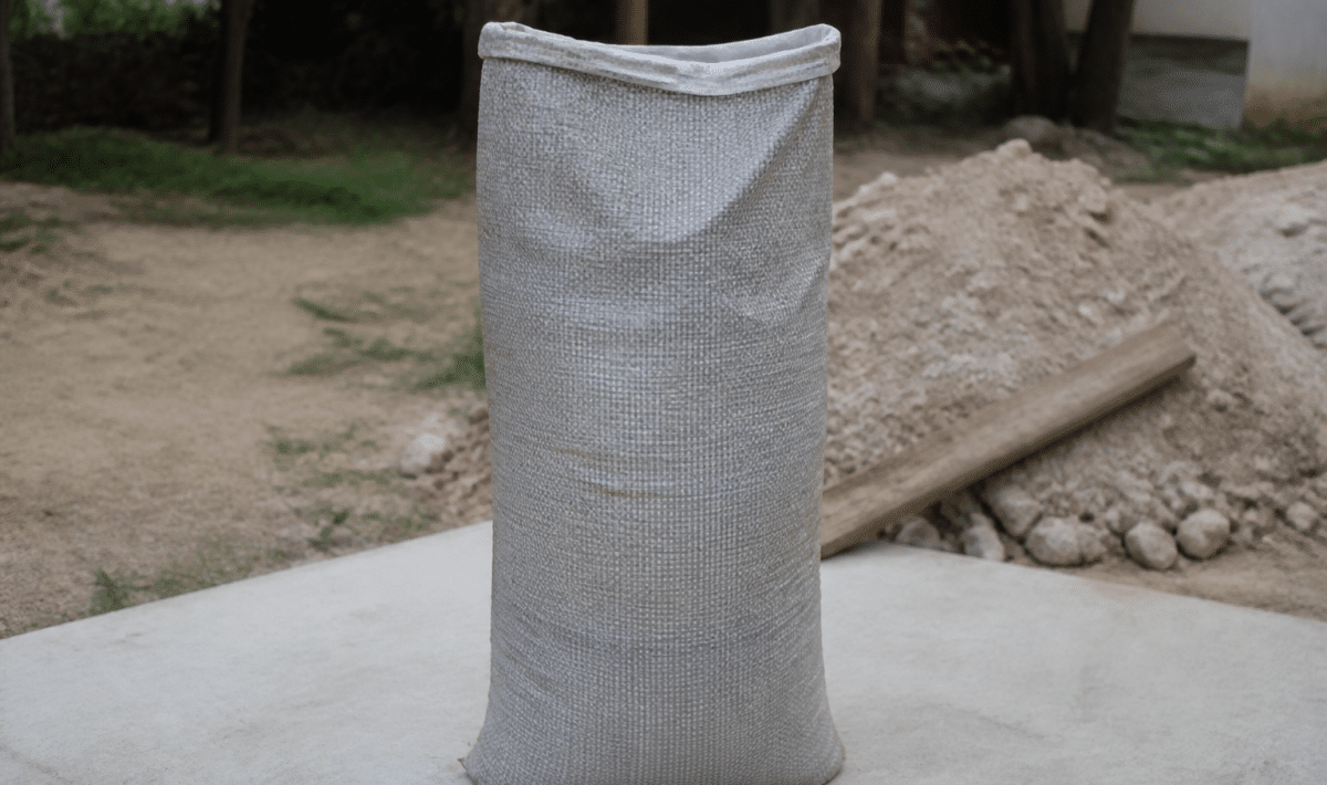 Sac mortier gris posé verticalement sur surface plane
