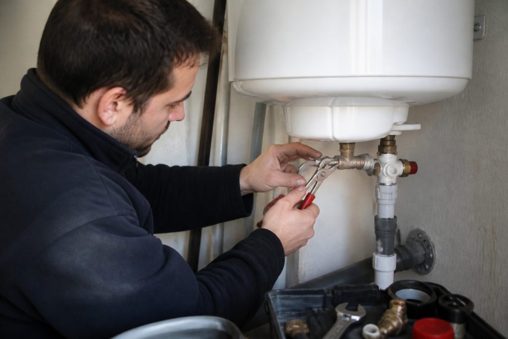 Technicien reparant groupe securite chauffe-eau domestique blanc