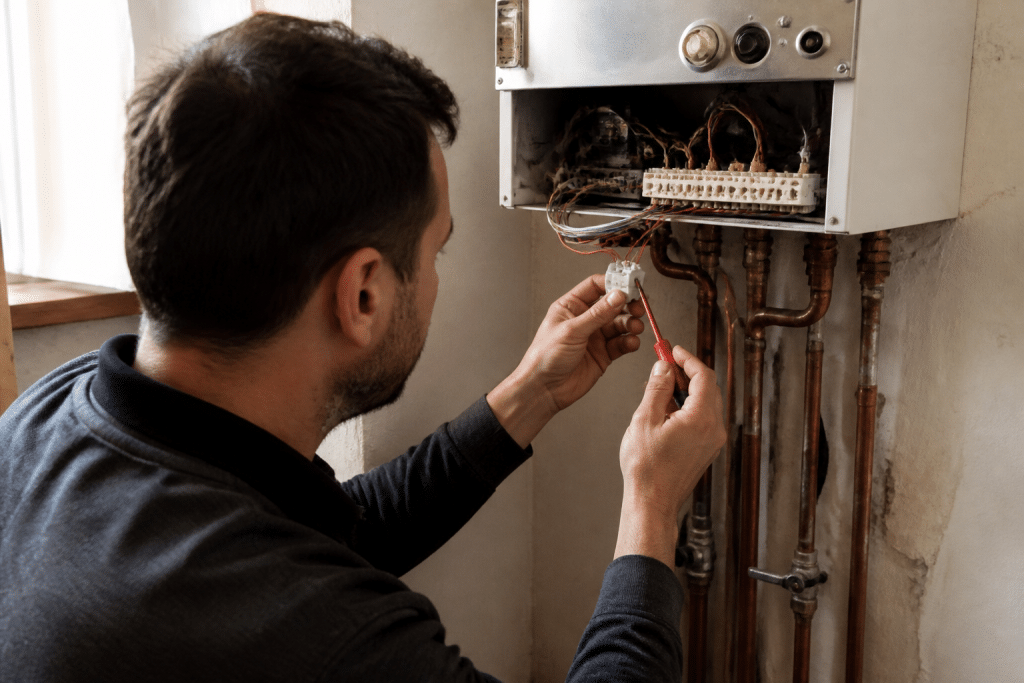 Technicien verifiant fils bornes chaudiere thermostat deconnecte