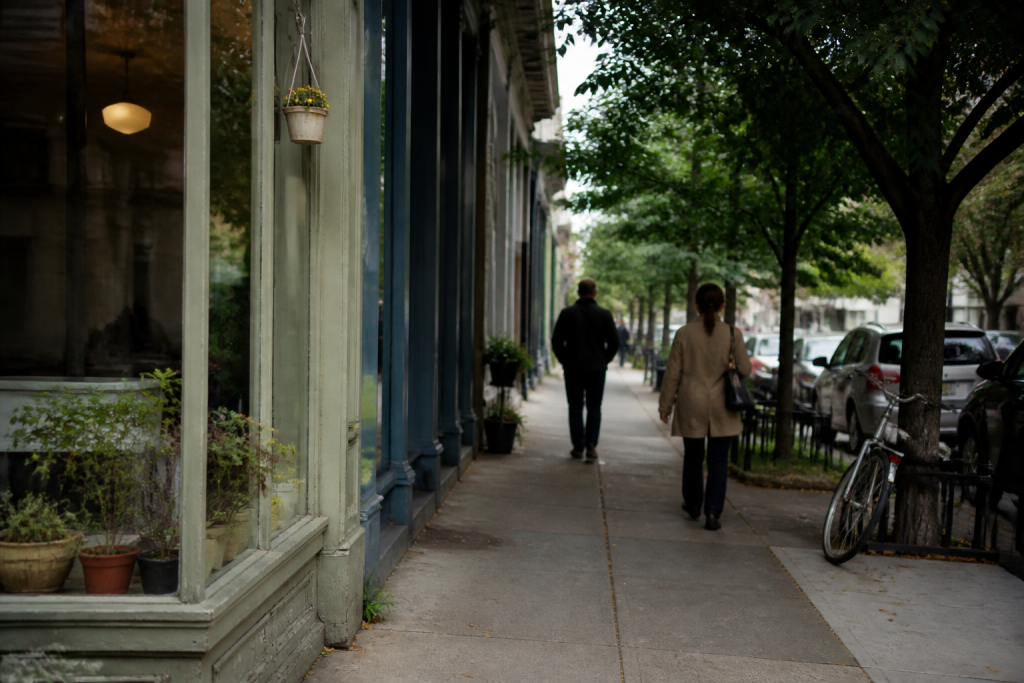 Avenue residentielle avec magasins et passants