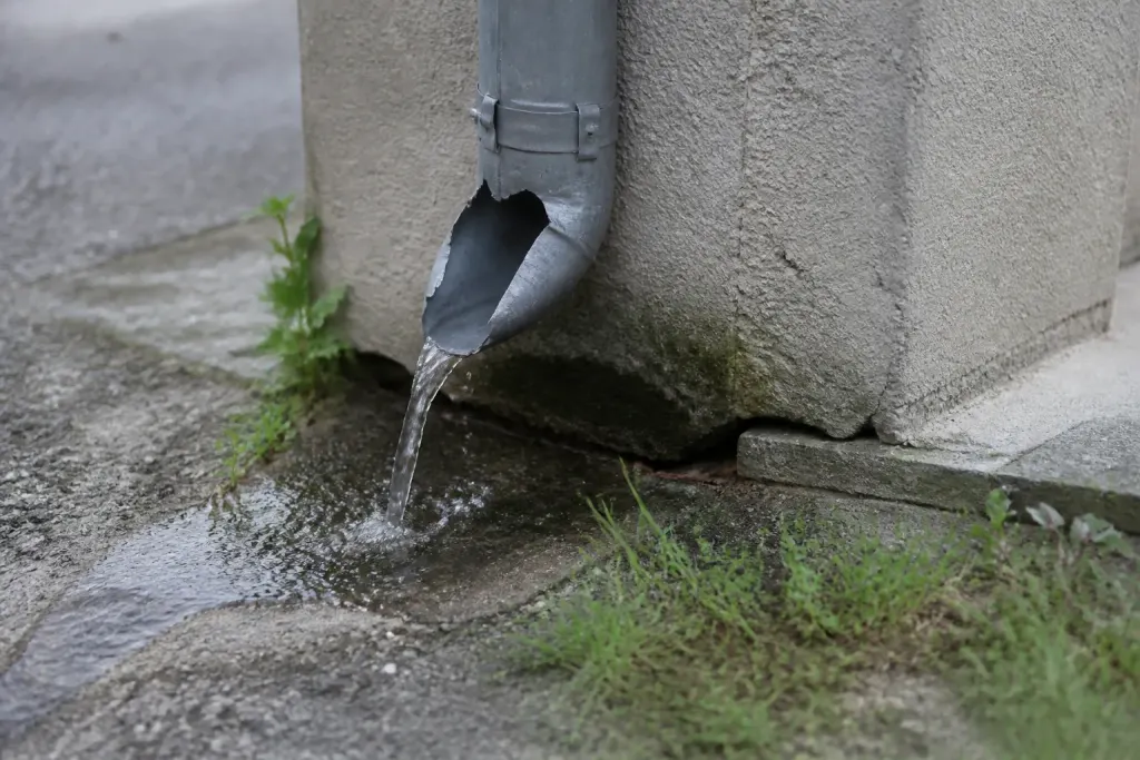 Gouttiere cassee deversant eau au pied du mur