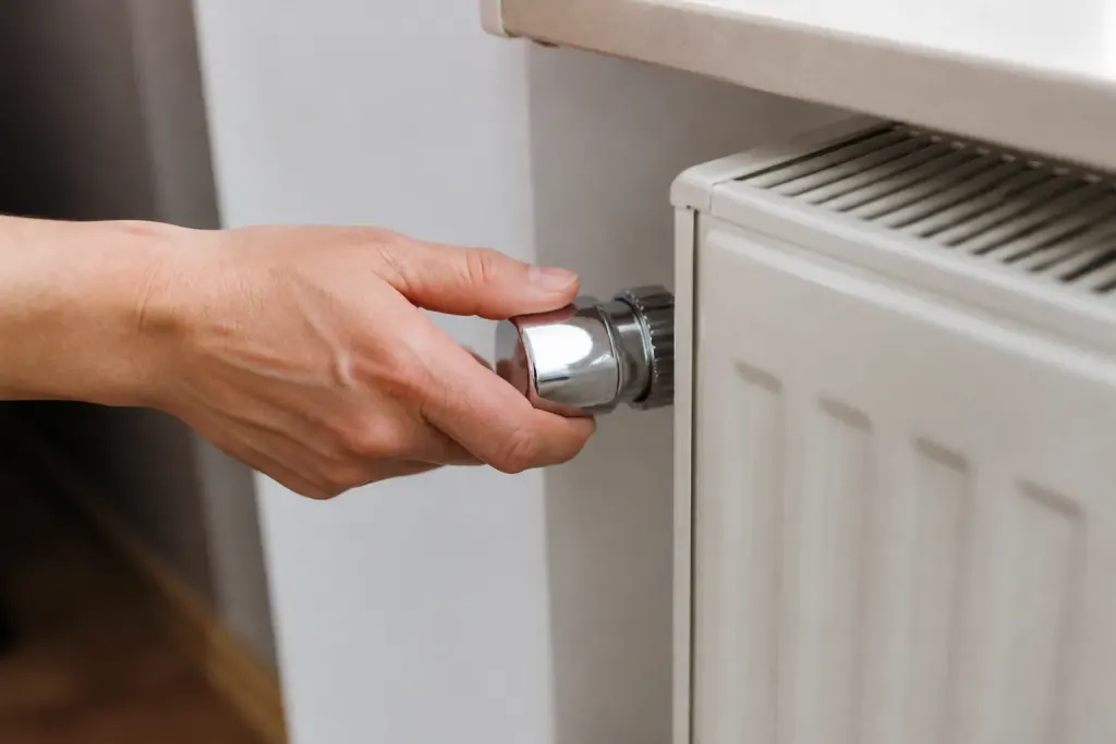 Main tournant une tete thermostatique chromee sur radiateur