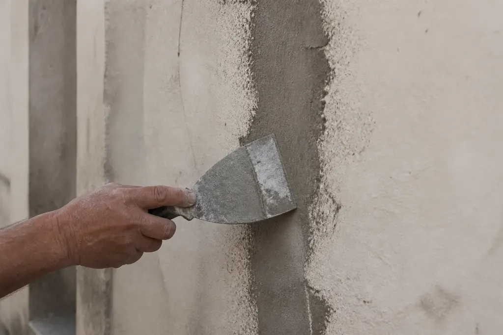 Mur fissure rebouchée avec enduit gris et spatule métallique