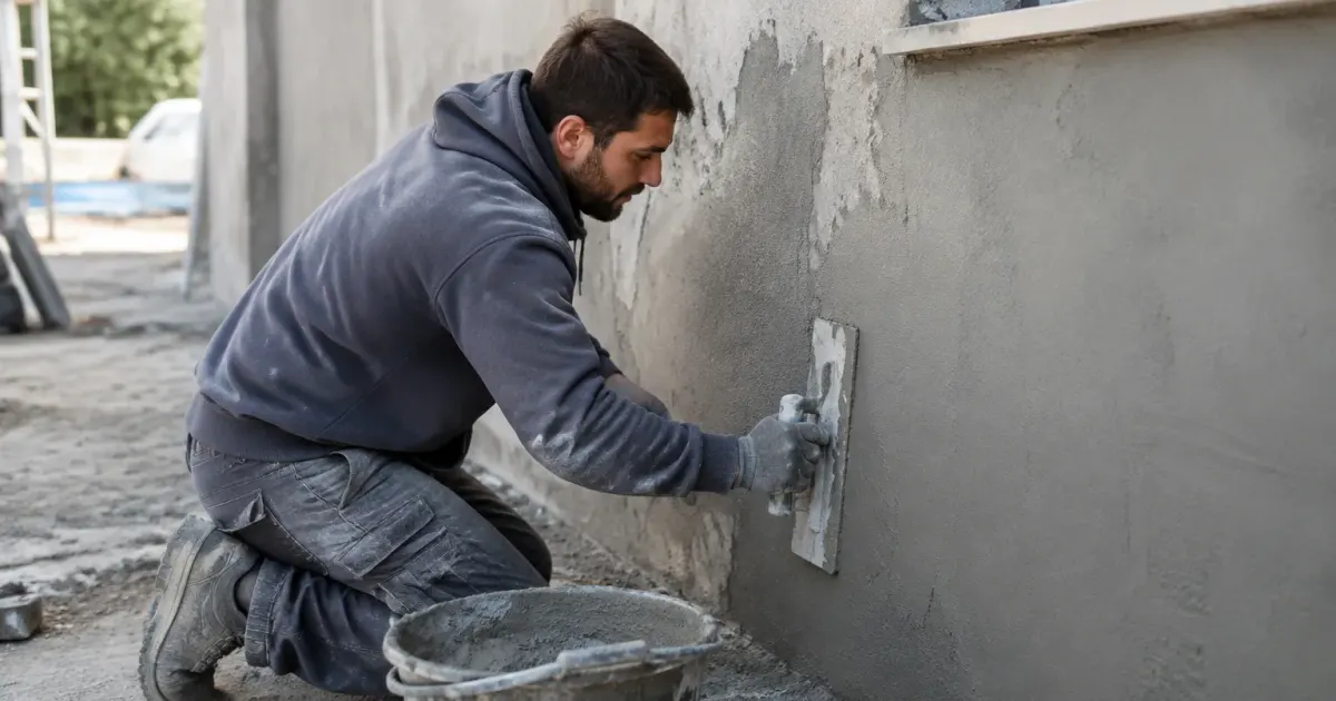 Ouvrier agenouillé lissant enduit gris sur façade