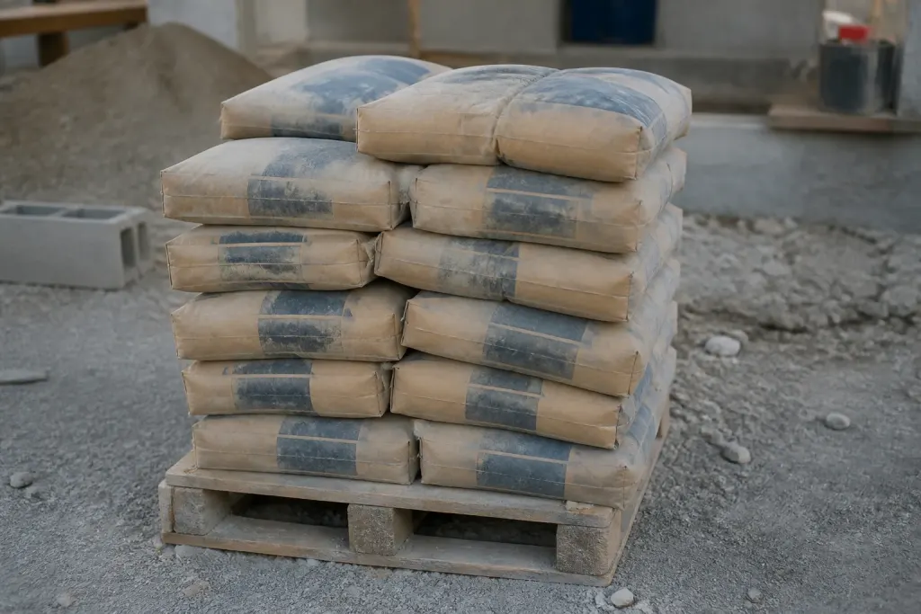 Palette de sacs de ciment empiles sur chantier