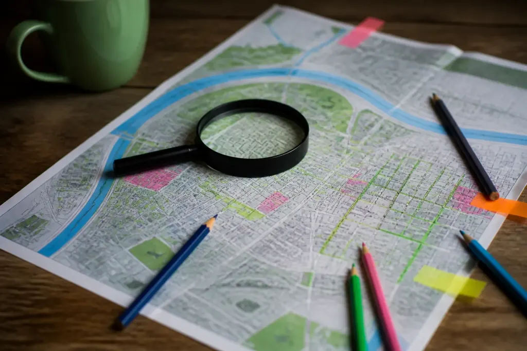 Plan de quartier annoté avec loupe sur table
