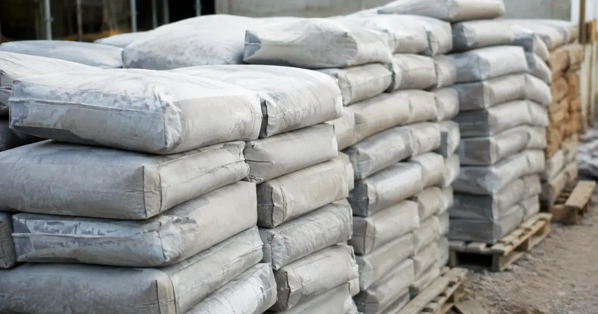 Poches grises empilees en rangees sur chantier