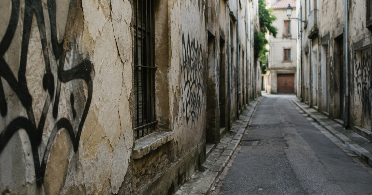 Rue deserte facades fissurees murs couverts graffitis noirs