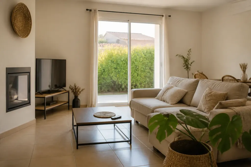 Salon lumineux au sol carrele beige, sans radiateur apparent