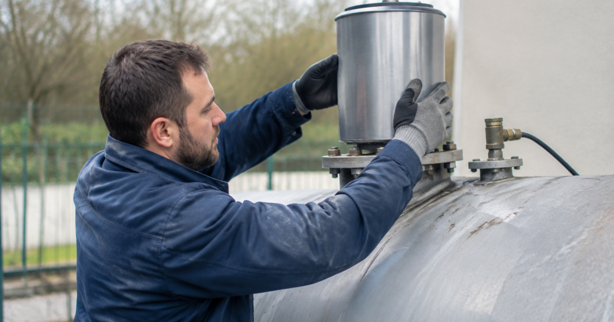 Technicien installant cylindre metallique sur reservoir horizontal