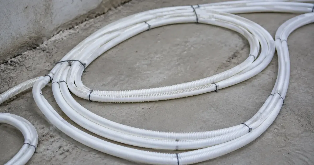 Tuyaux blancs en boucles fixes sur dalle brute